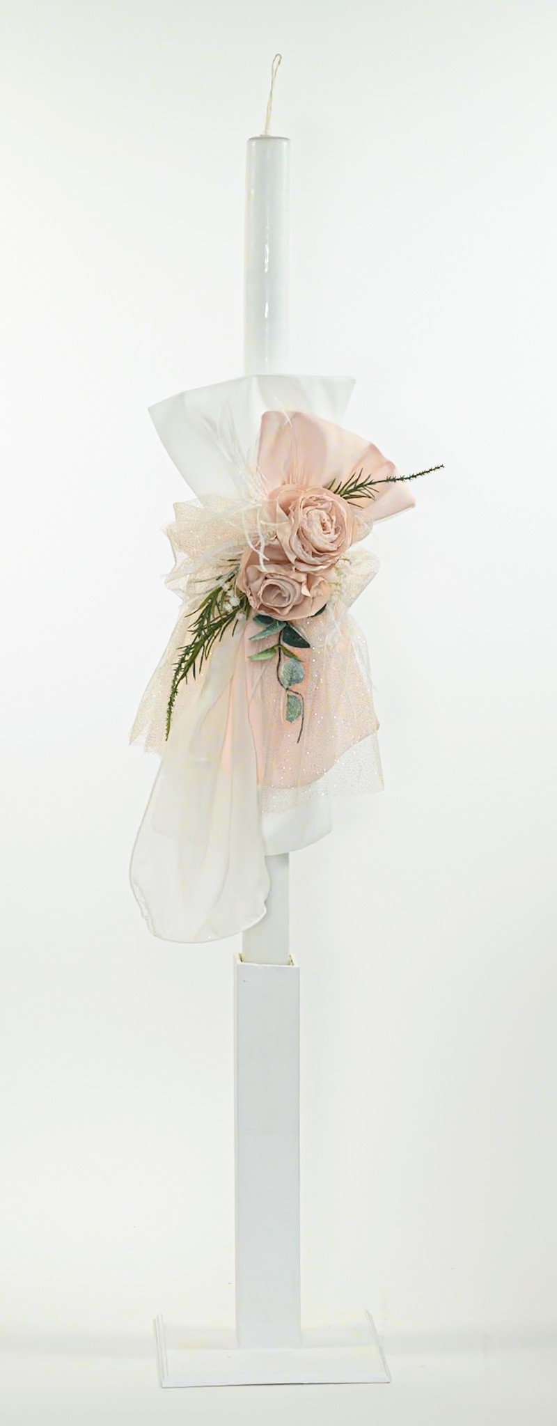Λαμπάδα σε off white & ροζ αποχρώσεις με λουλούδια - Λαμπάδα βάπτισης για κορίτσι